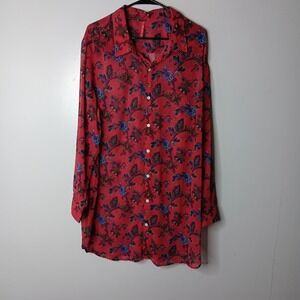 Ruby Ribbon Tunic Shirt Women Plus Size 2XL Red Paisley Floral Sheer Long Sleeve